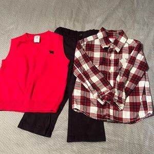 Carter’s 3 piece set black pants red white black plaid shirt vest EUC Christmas